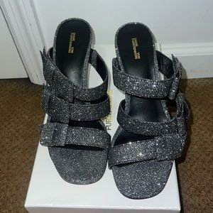 Diane Von Furstenberg DVF Amari Silver Glitter High Heel Sandals